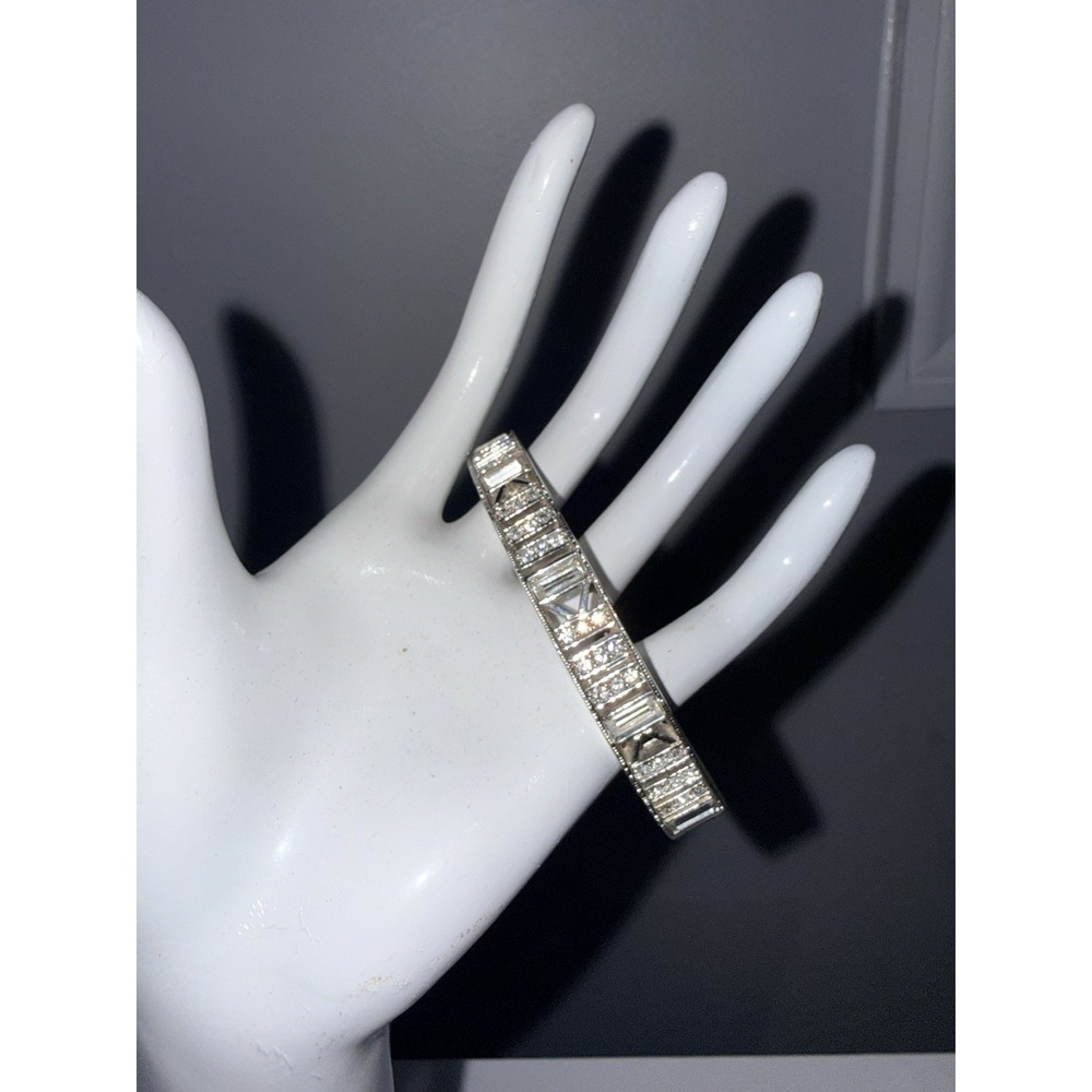 Vintage Givenchy Signed Silver Tone‎ & CZ Hinged Bangle Bracelet 7"